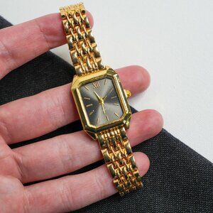 Gold Rectangle Analog Watch Dark Gray Dial